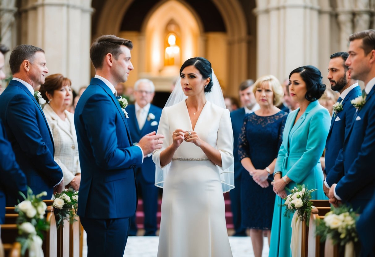 A couple standing at the altar, surrounded by guests. One person is holding a ring, while the other looks uncertain