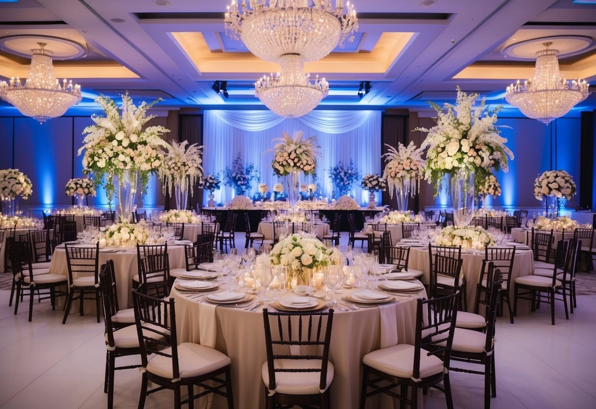 A lavish wedding reception with extravagant decorations, opulent floral arrangements, and a grand banquet spread