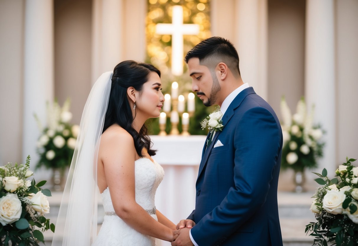 A couple standing in front of a wedding altar, looking somber as they gaze at each other with regret in their eyes