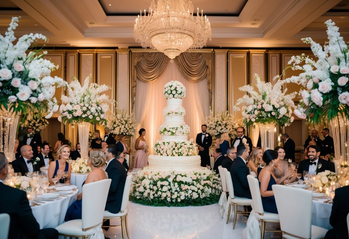 A lavish wedding reception with opulent decorations, extravagant floral arrangements, and a grand tiered cake. Guests are dressed in formal attire, enjoying a luxurious celebration
