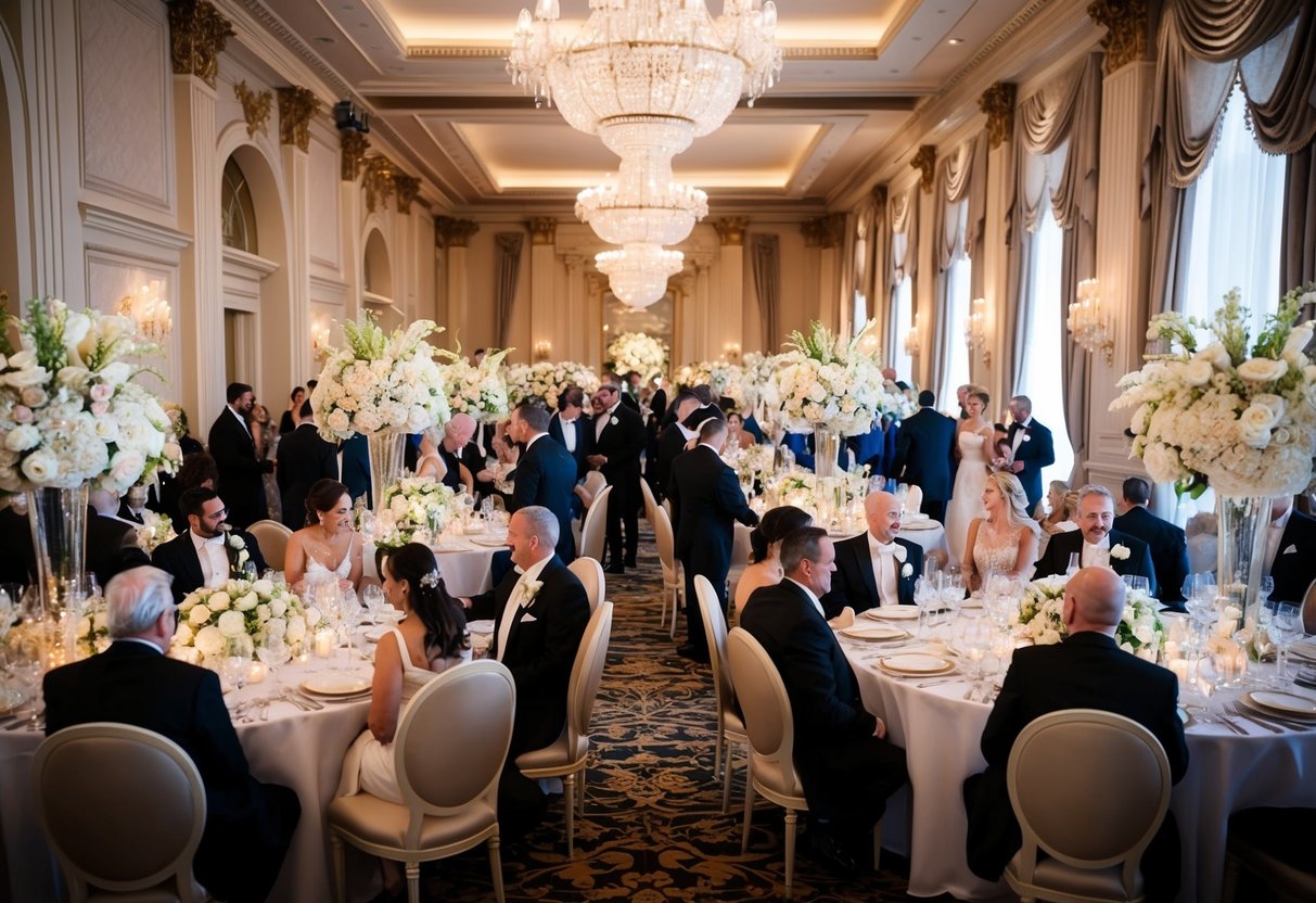 A grand wedding venue with extravagant decorations, lavish floral arrangements, and opulent table settings. Guests in formal attire mingle and celebrate