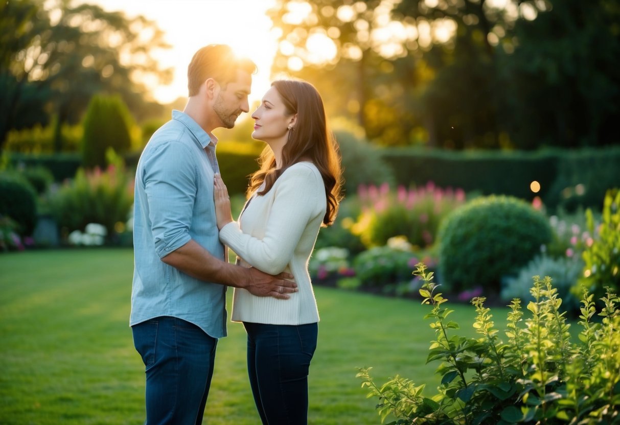 A couple stands in a peaceful garden, gazing at each other with regretful expressions. The setting sun casts a warm glow over the scene, creating a bittersweet atmosphere