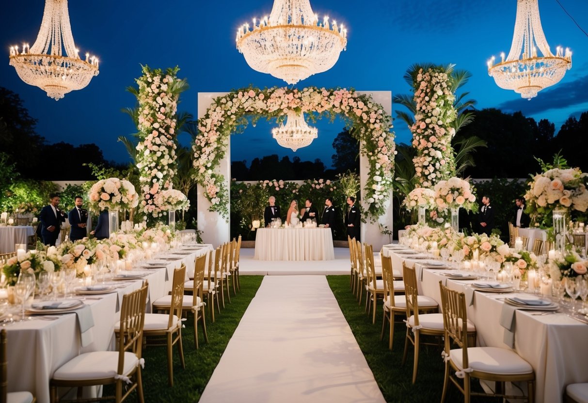 A lavish outdoor wedding with a grand floral arch, elegant chandeliers, and a sprawling garden reception