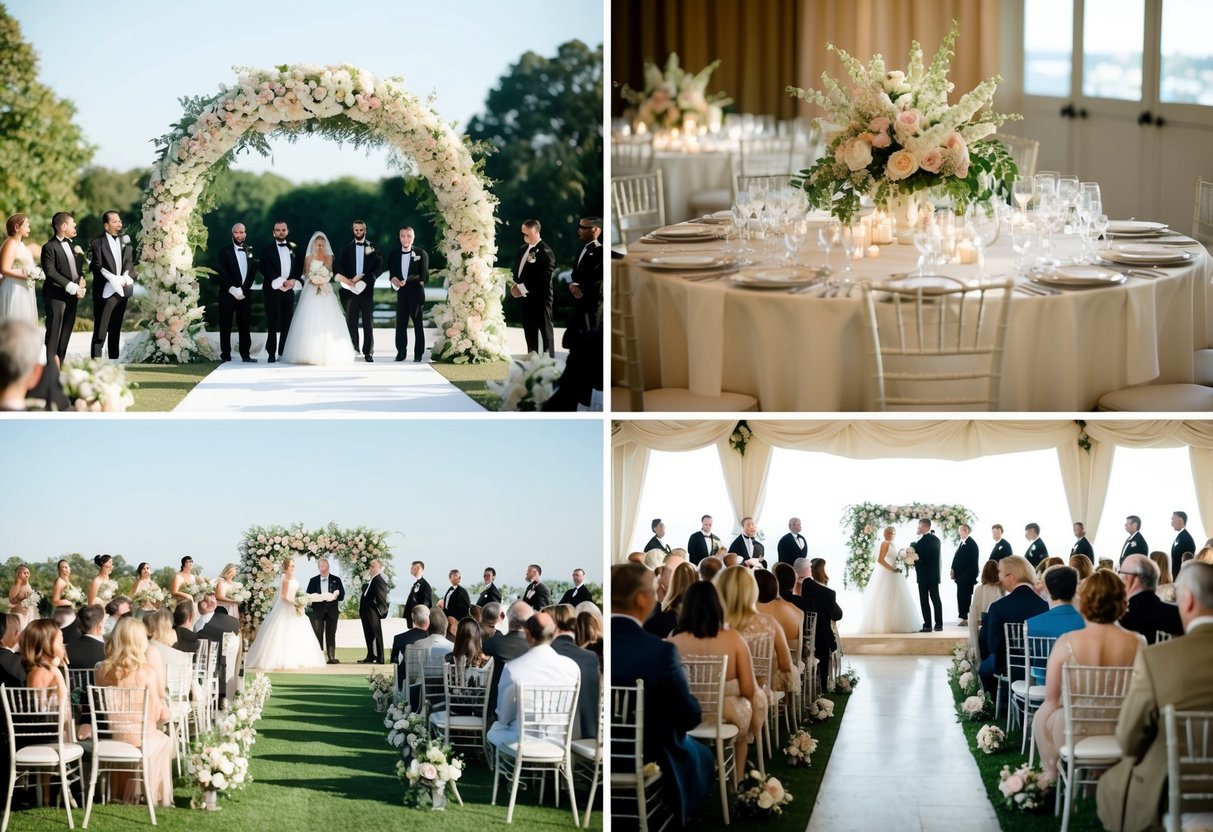 A lavish outdoor wedding with a grand floral arch, live band, and elegant table settings. A simple indoor wedding with minimal decor and a small guest list