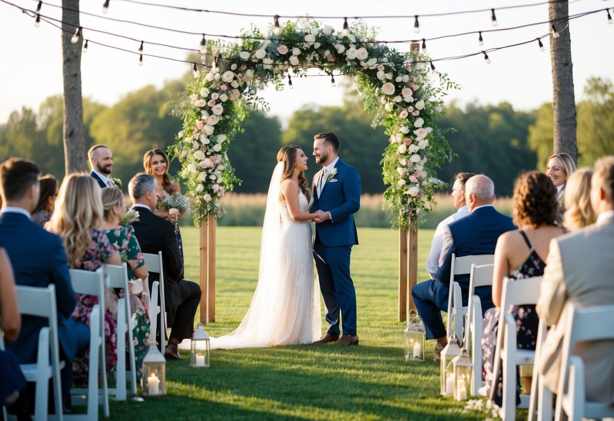 A modern outdoor wedding with bohemian decor, string lights, and a floral arch