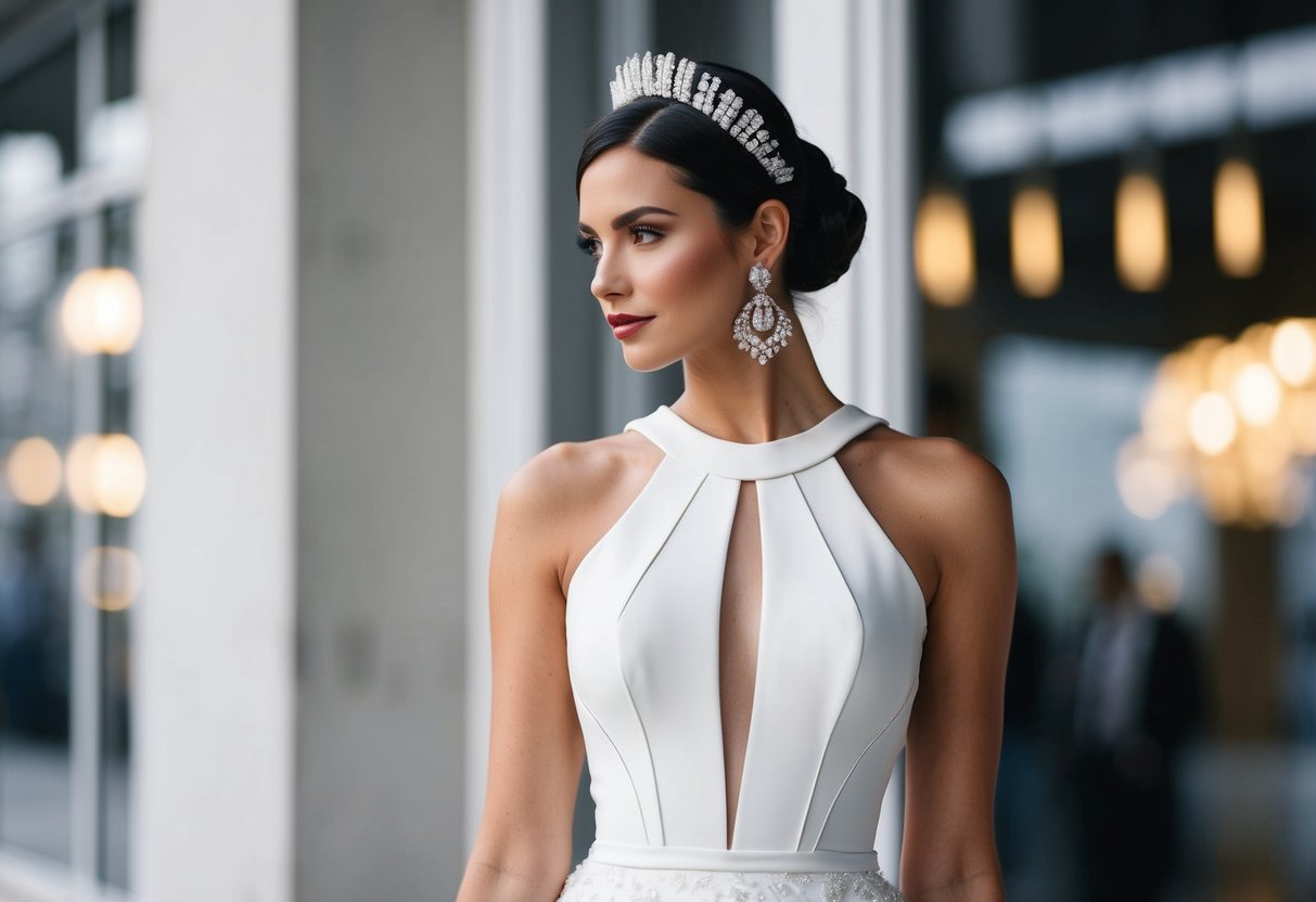 A modern wedding dress with sleek lines and a high-low hem, paired with statement earrings and a bold headpiece