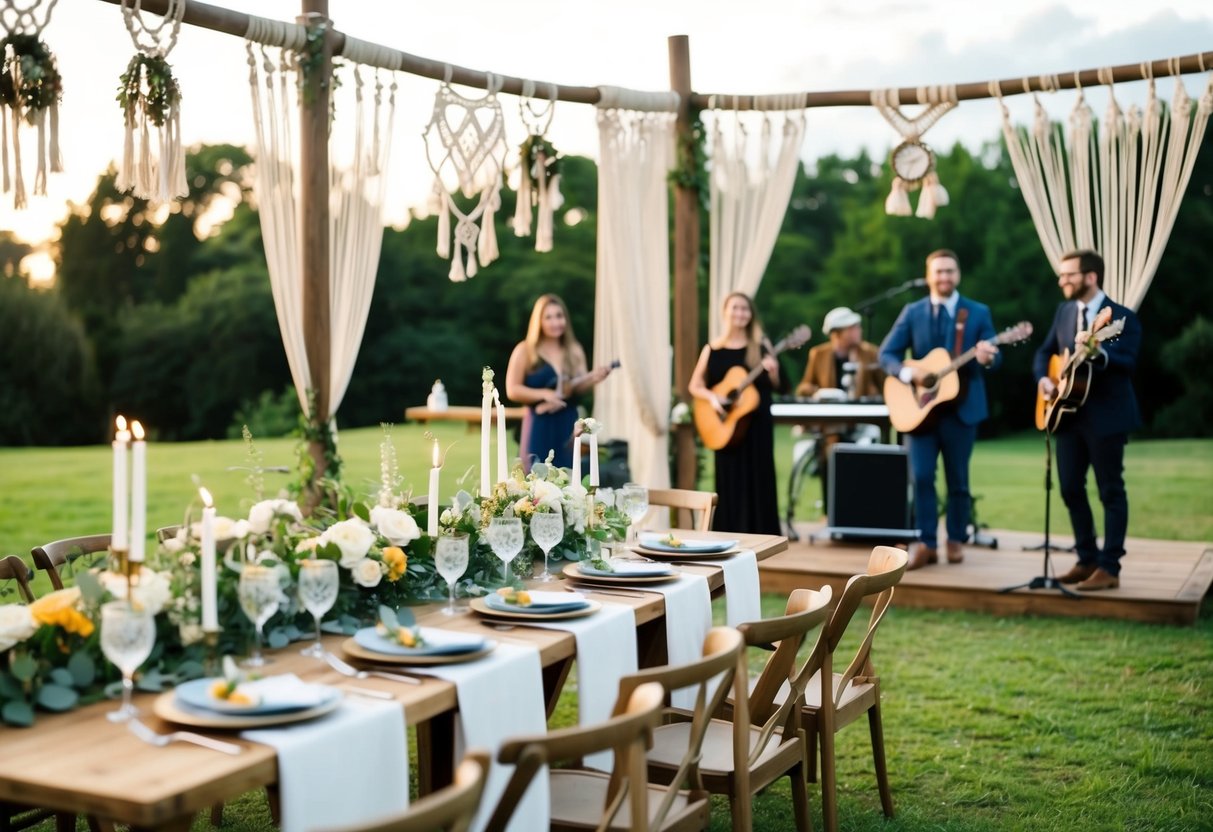 A modern wedding with a boho-chic vibe, featuring a lush outdoor setting with macrame decor, a grazing table, and a live acoustic band