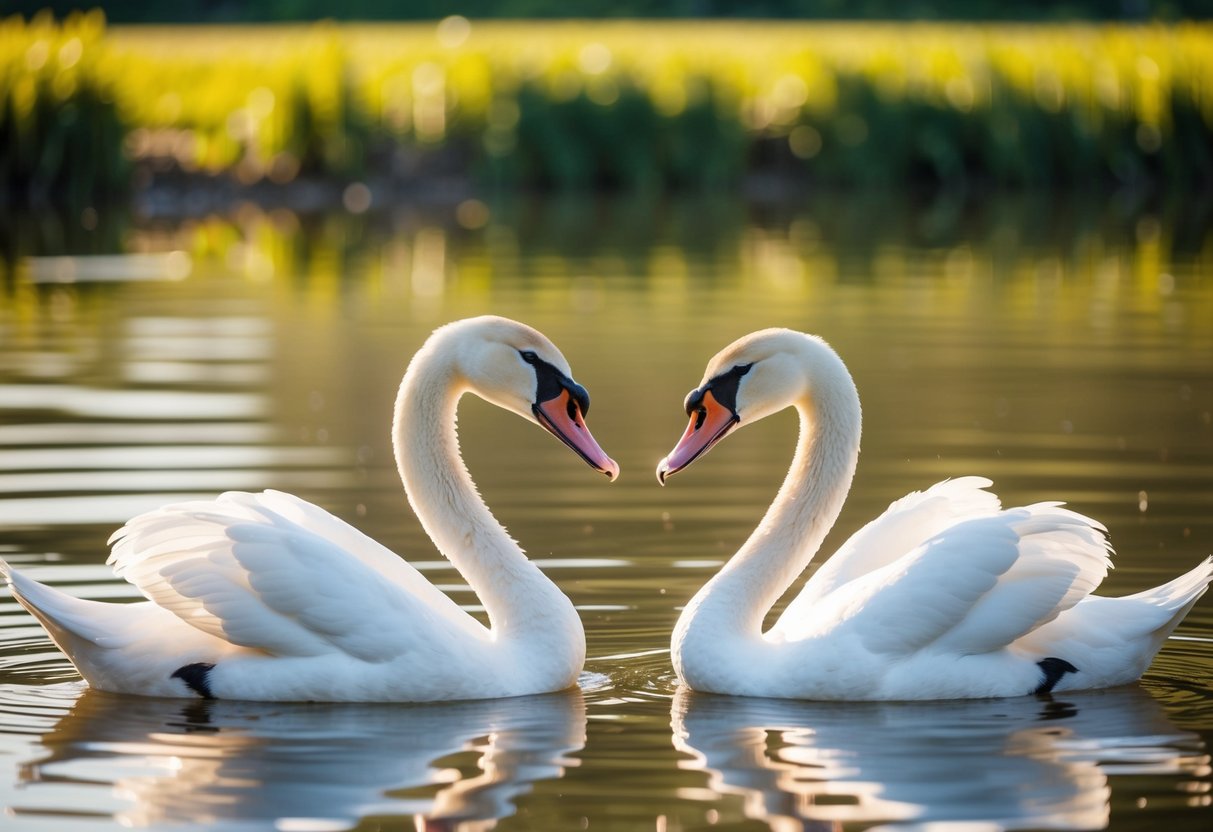 A couple of swans gracefully touching beaks in a serene, sunlit pond