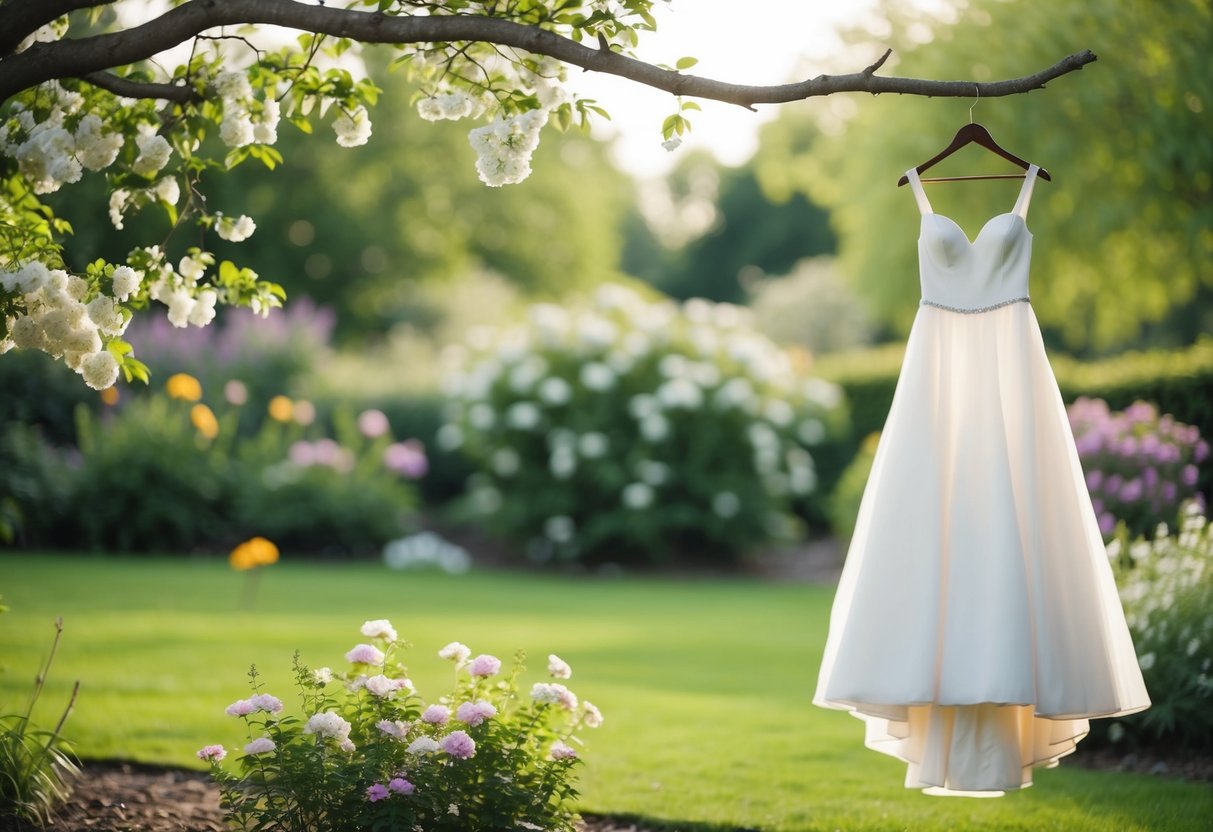 A serene garden with soft lighting, blooming flowers, and a simple, elegant wedding dress hanging from a tree branch