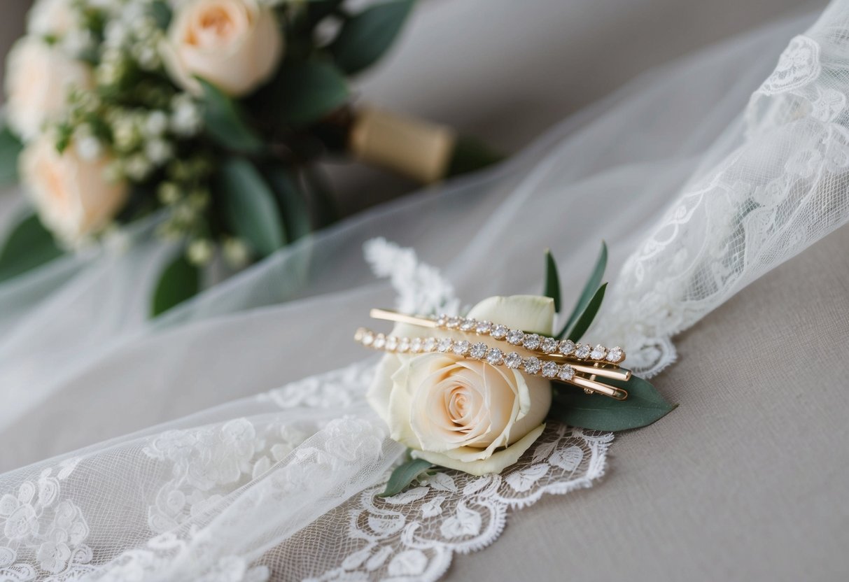A bride's delicate hairpin rests on a lace veil, surrounded by soft, natural makeup and a simple, elegant bouquet