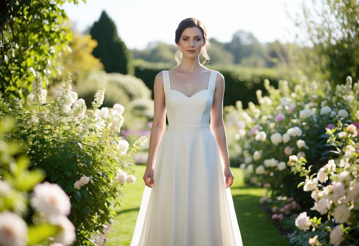 A bride in a simple, elegant gown stands in a sunlit garden, surrounded by blooming flowers and soft greenery