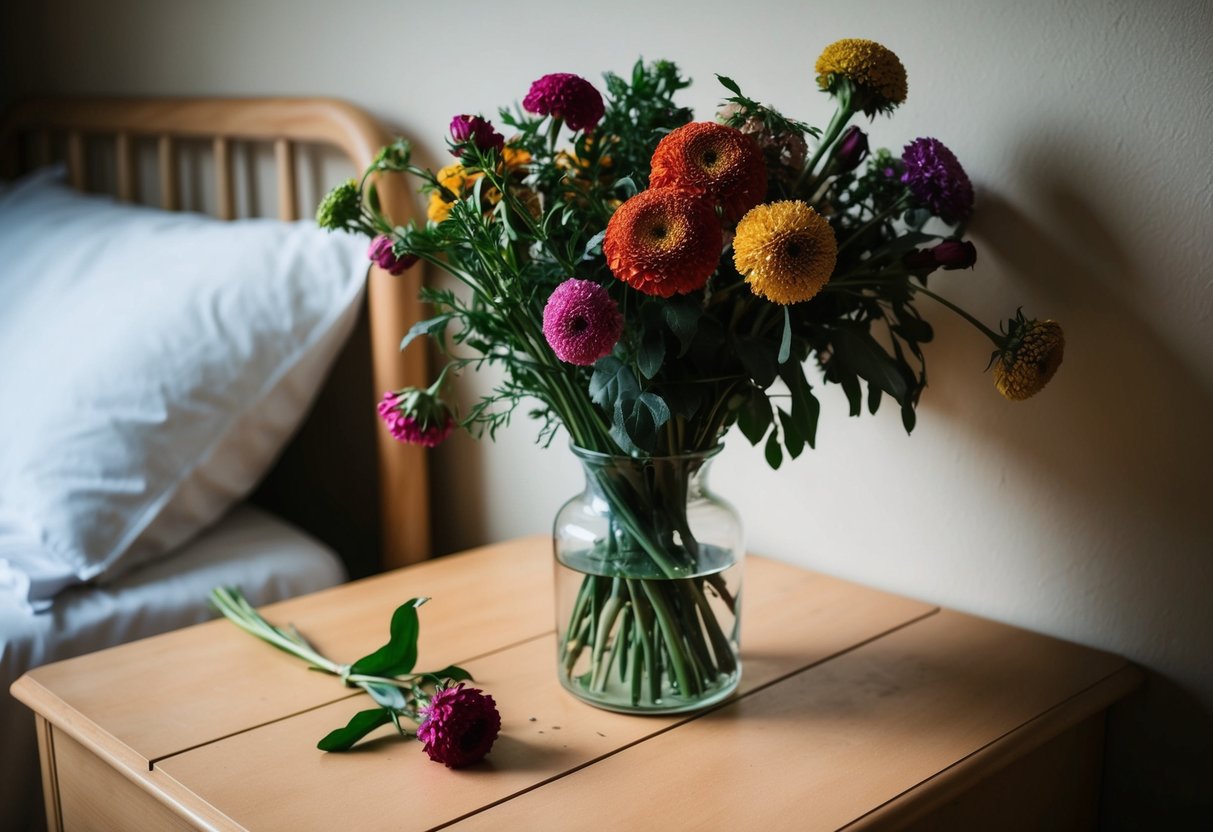 A wilted bouquet of flowers on a neglected bedside table