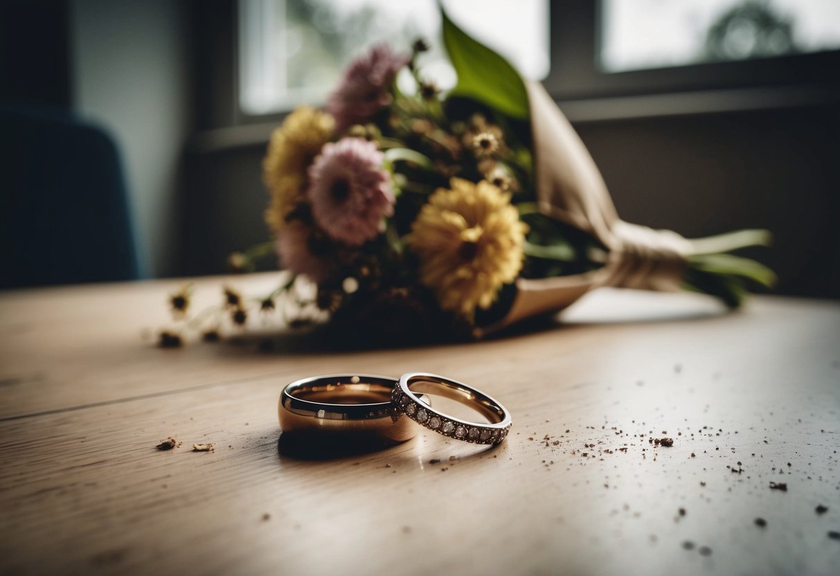 A couple's wedding rings sitting on a table, untouched, while a wilted bouquet of flowers gathers dust in the background