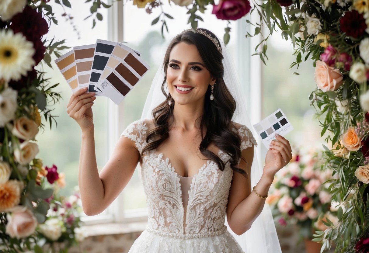 A bride holds up swatches under natural light, surrounded by flowers and decor