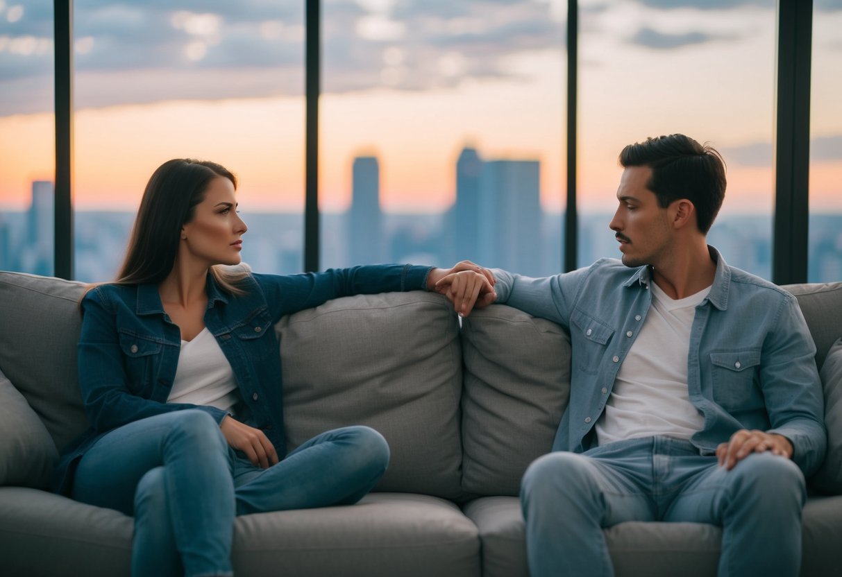A couple sitting on opposite ends of a couch, avoiding eye contact, with a noticeable lack of physical intimacy