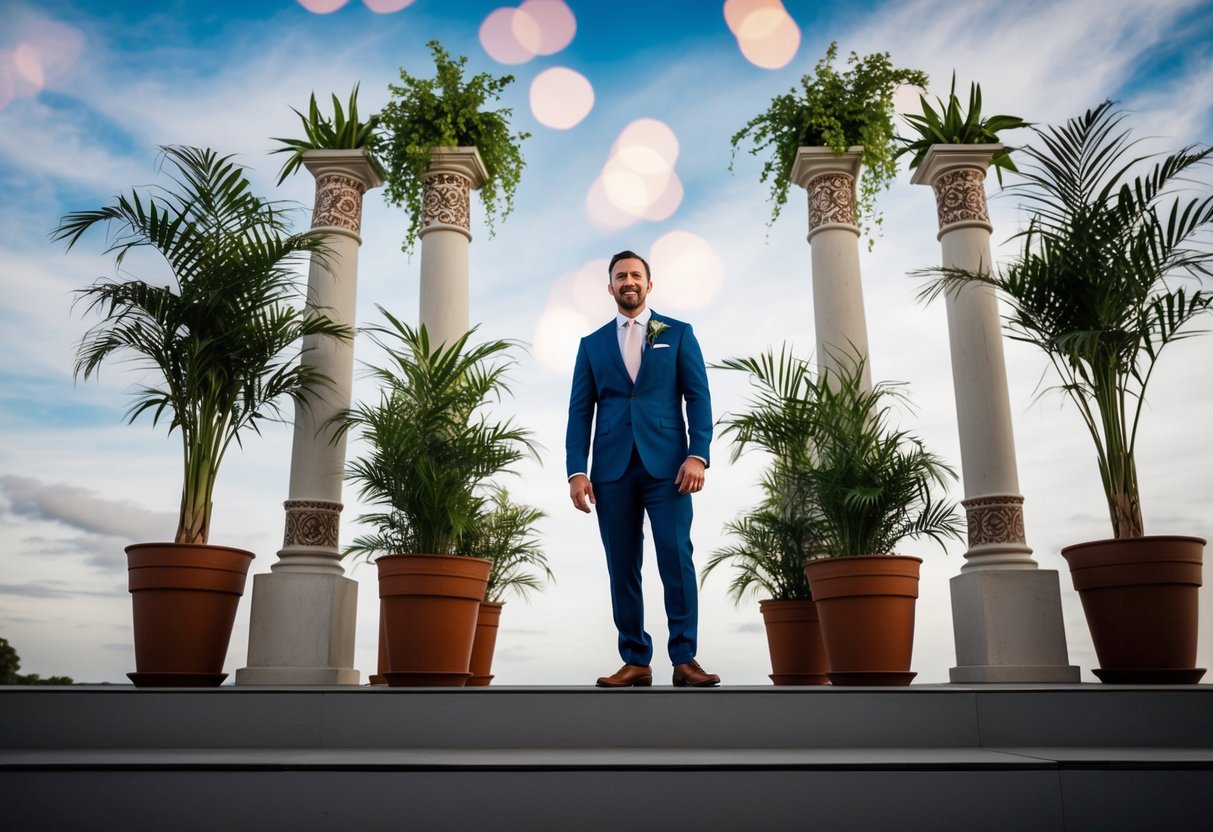 A groom stands on a raised platform, surrounded by tall potted plants and decorative pillars, creating the illusion of height