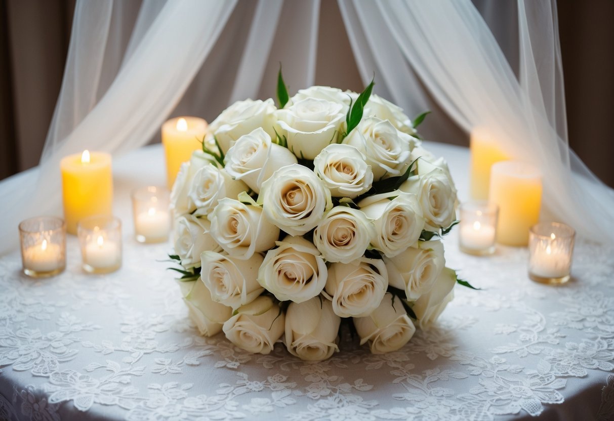 A bride's bouquet of white roses rests on a lace-covered table, surrounded by soft candlelight and delicate tulle draping