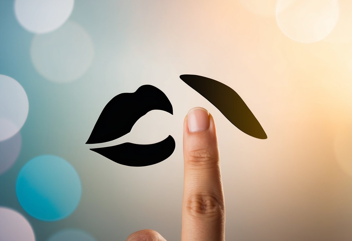 Two abstract shapes, one representing a mouth and the other a finger, meet in a gentle and tender gesture