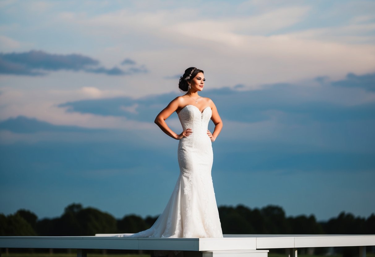 A bride standing on a raised platform with elongated silhouette created by her hair and makeup, enhancing her height for her wedding day