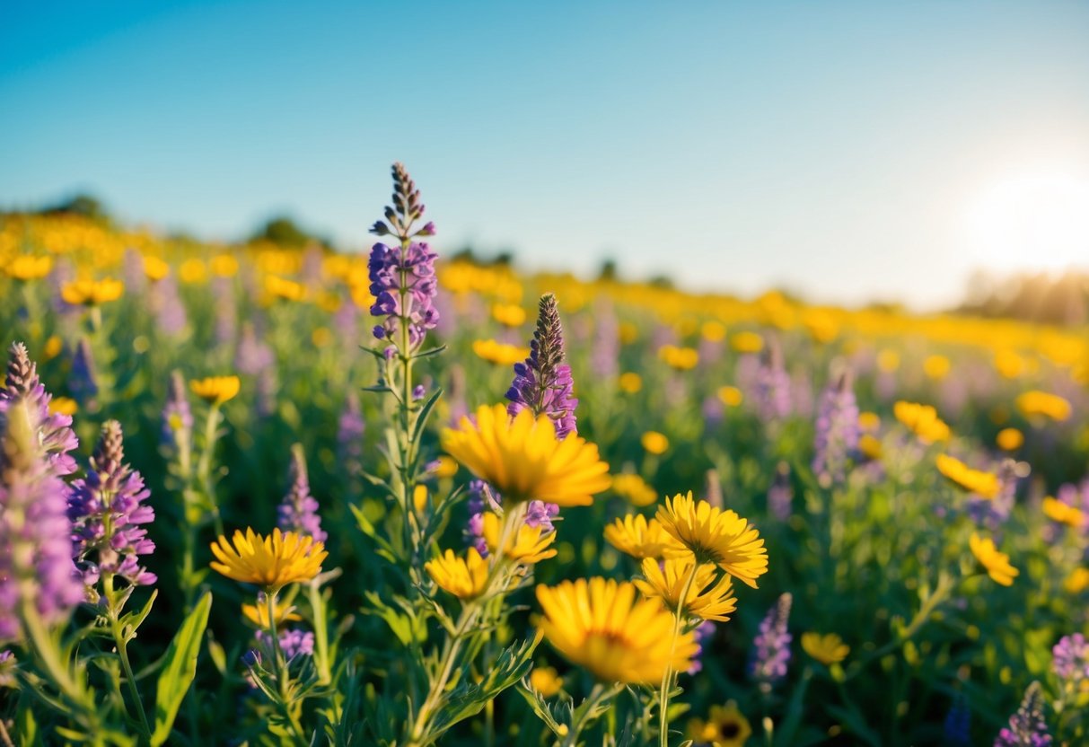 A field of vibrant wildflowers in full bloom under a clear blue sky, with a gentle breeze causing the flowers to sway and the sunlight casting a warm, golden glow over the scene