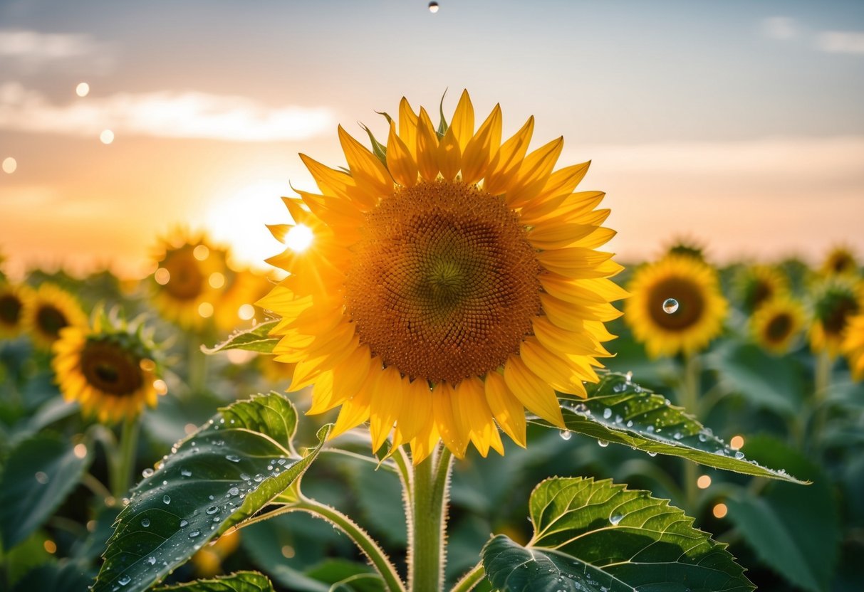 A radiant sunflower basking in the warm glow of the sun, surrounded by vibrant green leaves and delicate dew drops