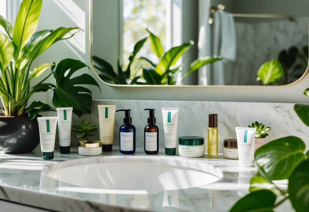 A serene, sunlit bathroom with a variety of skincare products neatly arranged on a marble countertop, surrounded by lush green plants