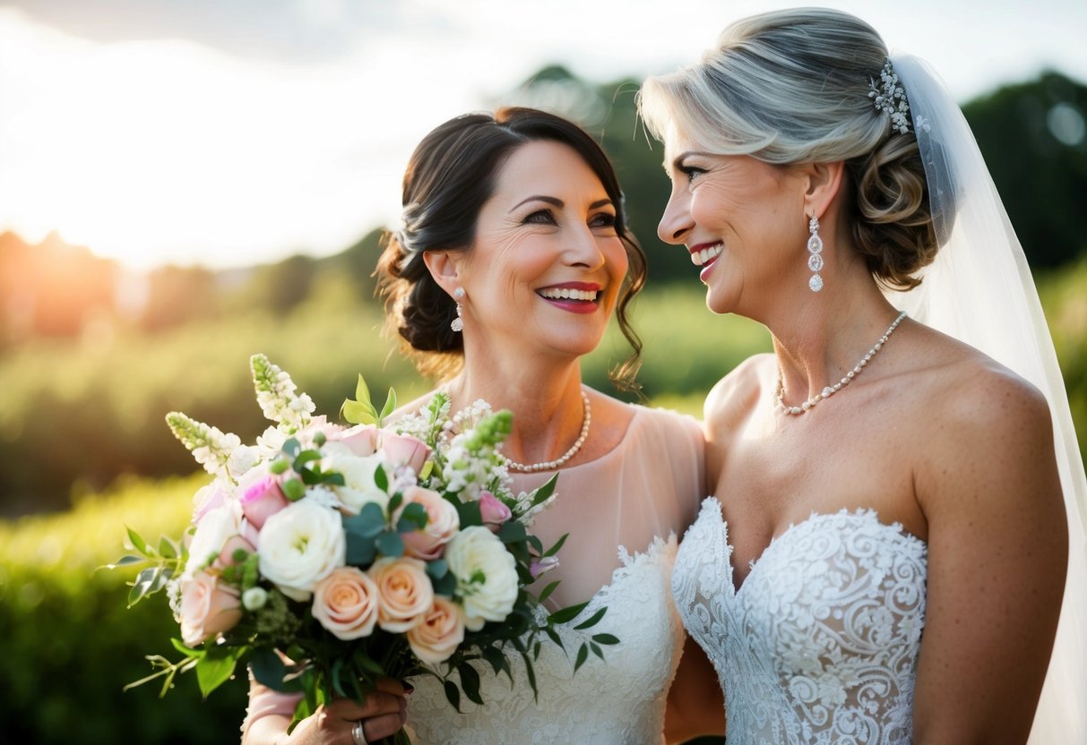 A bouquet of flowers and a smiling face convey congratulations to the mother of the bride
