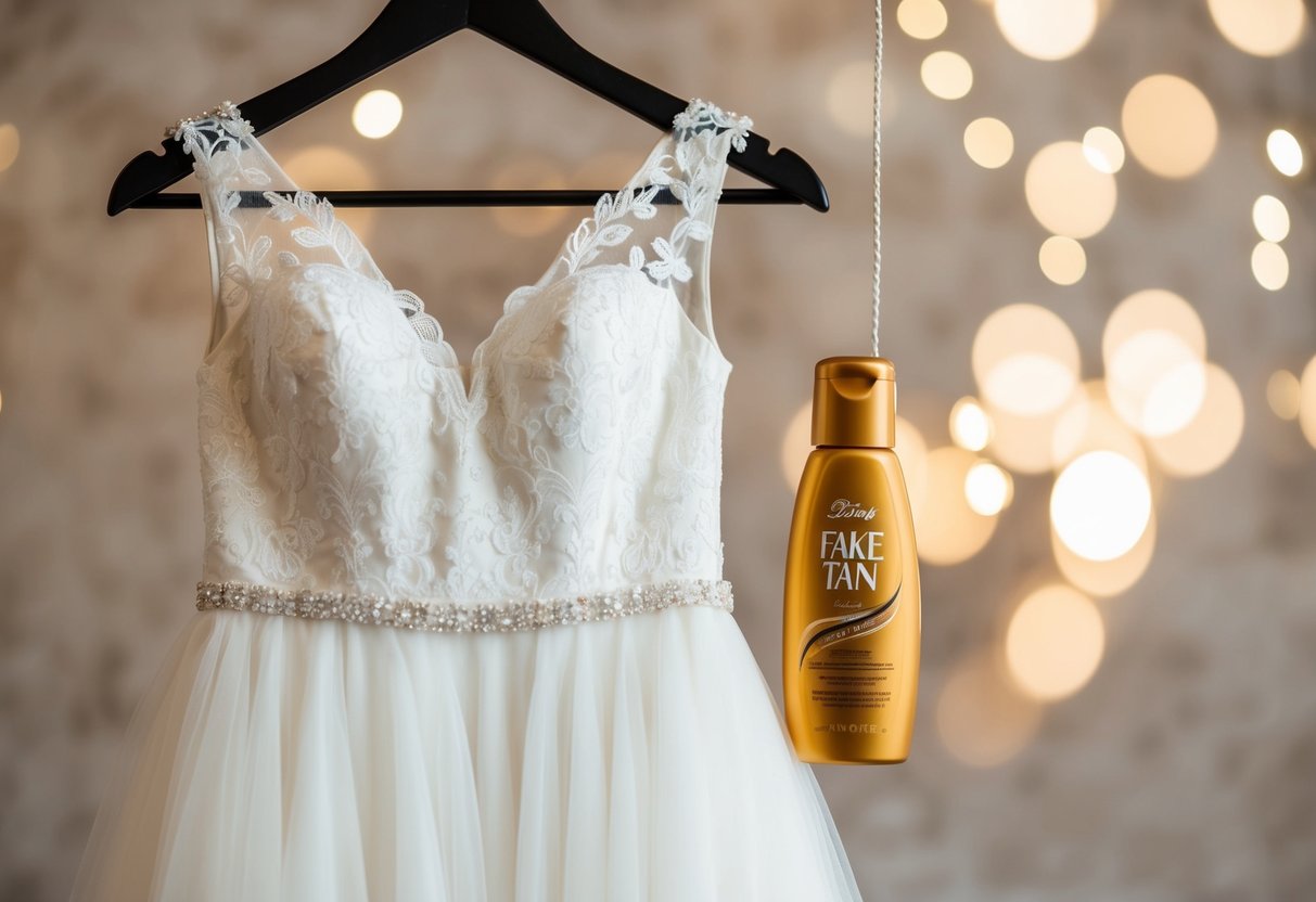A wedding dress hanging on a hanger with a bottle of fake tan next to it