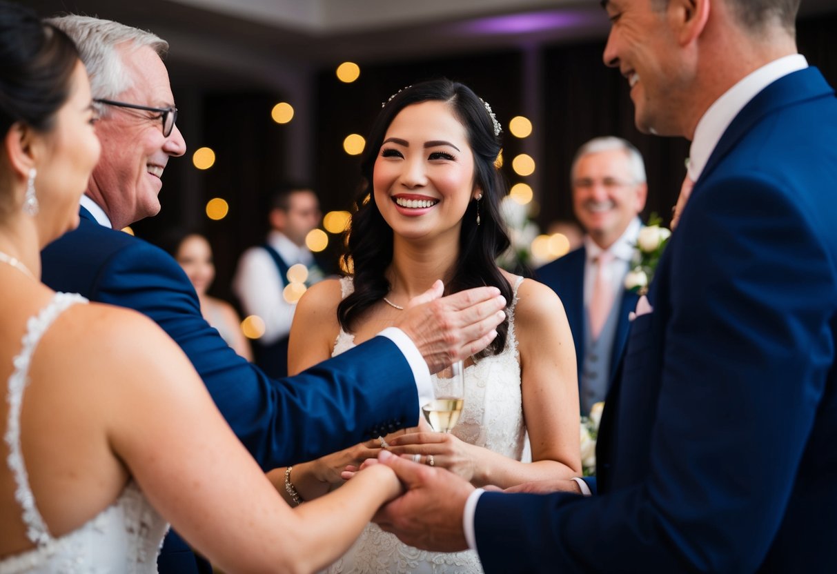 A smiling woman receiving congratulations from others at a wedding reception