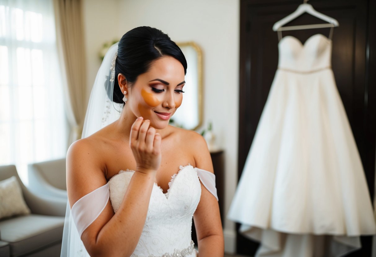 A bride applying fake tan to her skin, with a wedding dress hanging in the background