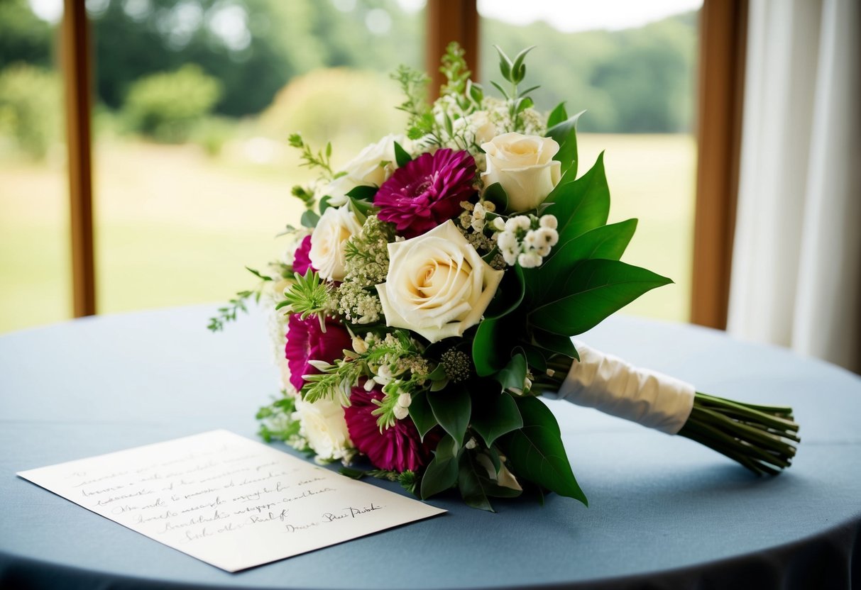 A bouquet of flowers and a handwritten note sit on a table, ready to be given to the mother of the bride
