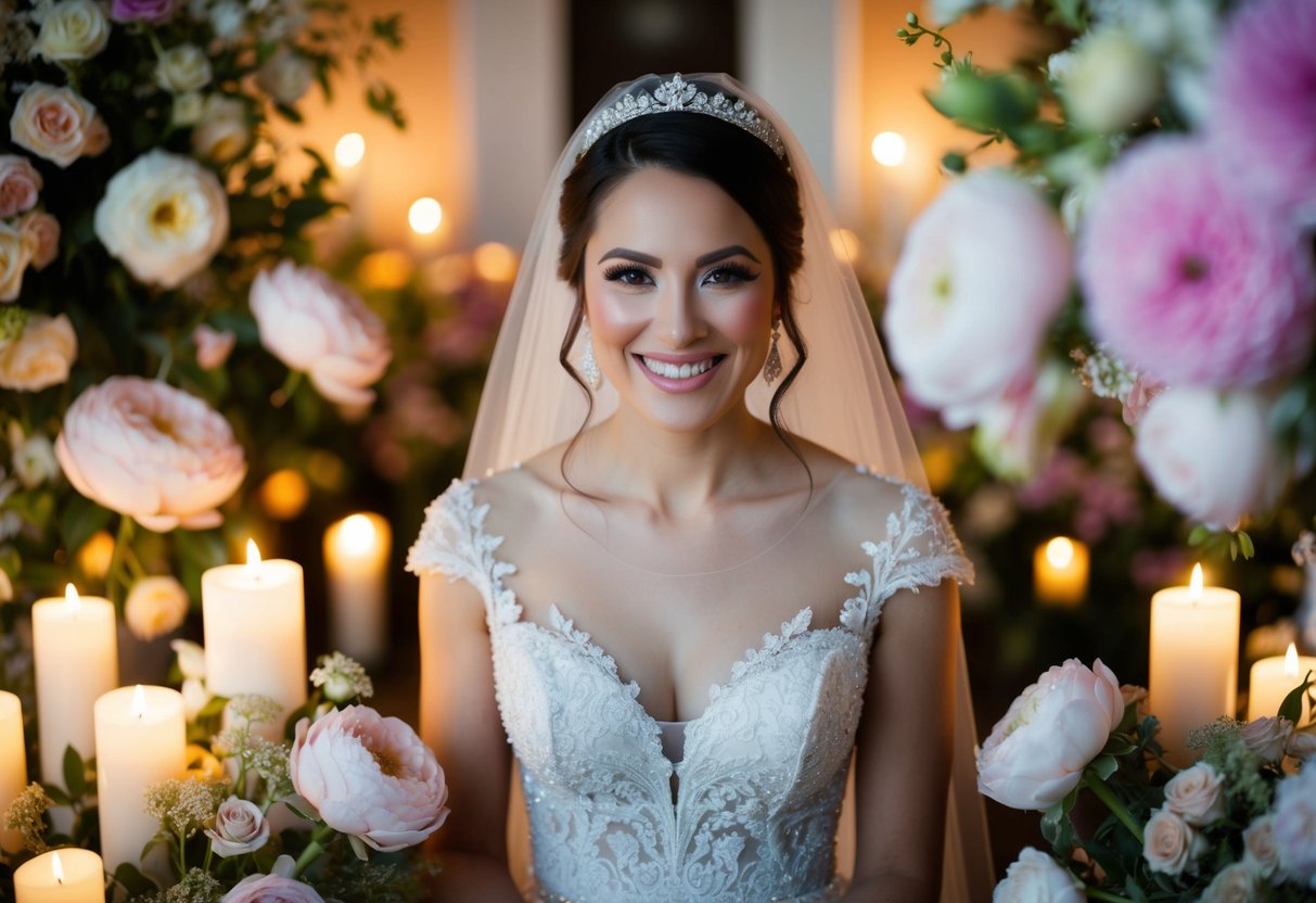 A bride surrounded by blooming flowers and soft candlelight, wearing a stunning gown and radiant smile