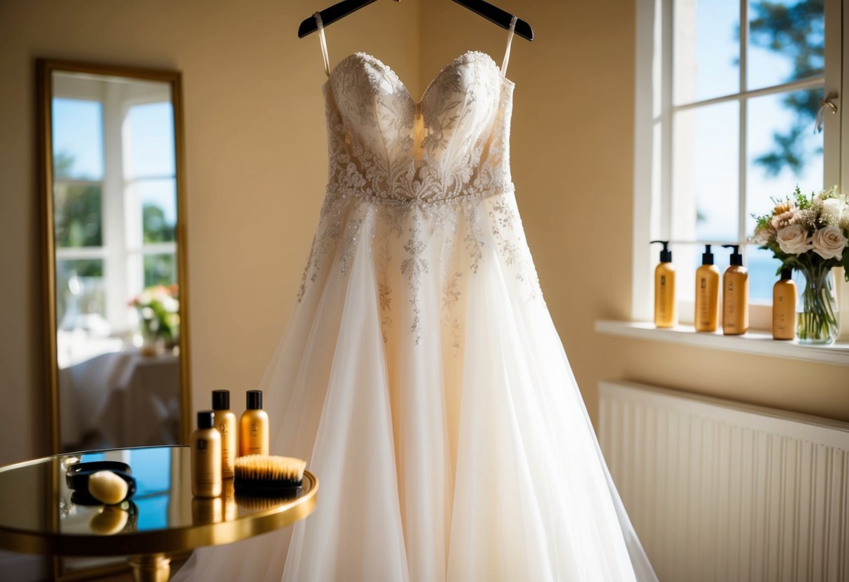 A bride's gown hangs in a sunlit room, surrounded by bottles of fake tan and a soft brush for final touches before the wedding