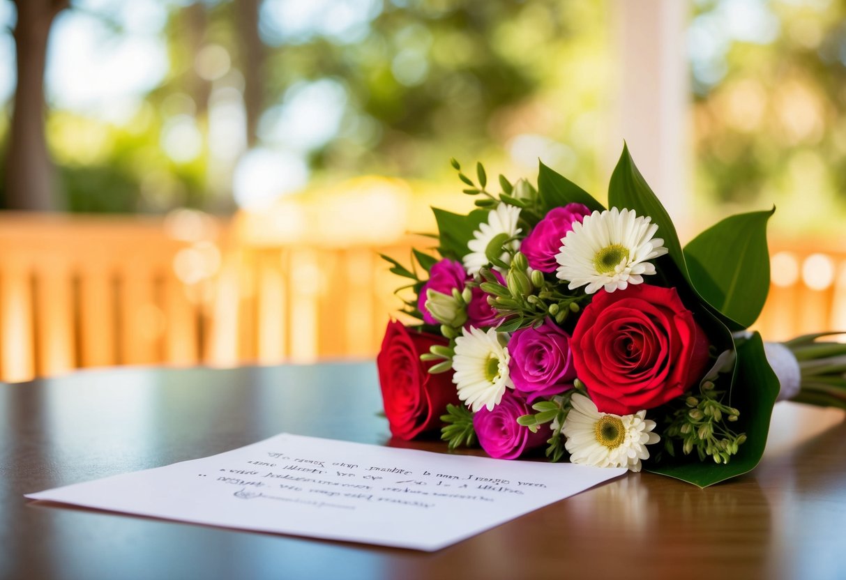 A bouquet of flowers and a heartfelt note are left on a table
