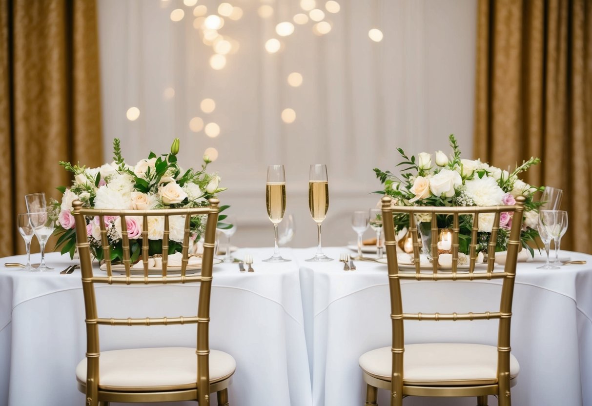 A table adorned with flowers and champagne, with two elegant chairs facing each other, ready for a toast to celebrate the beginning of a new life together