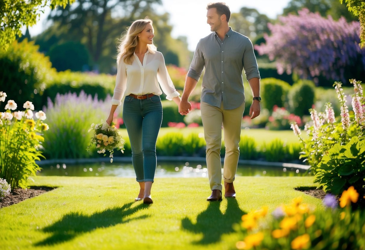 A couple strolling hand in hand through a sunlit garden, surrounded by blooming flowers and a serene pond