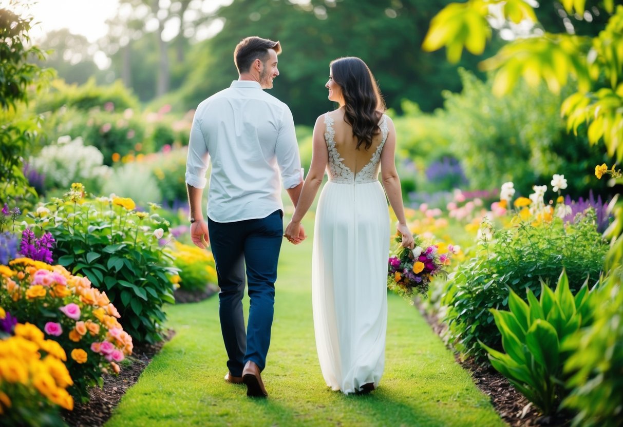 A couple walks hand in hand through a lush garden, admiring the colorful flowers and serene surroundings, symbolizing the start of their new life together
