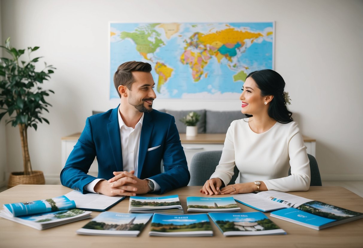 A newlywed couple sitting at a table, surrounded by travel brochures and a world map, discussing their future plans and dreams together