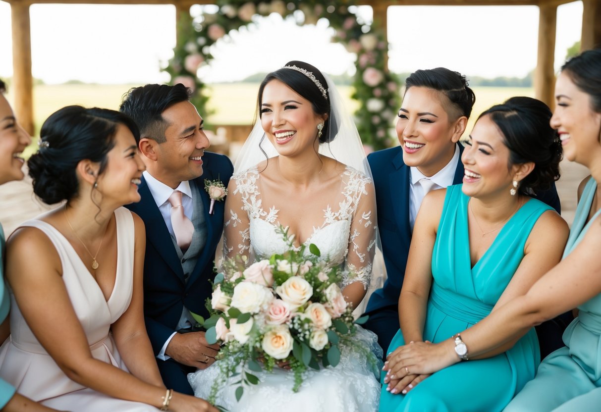 A bride surrounded by loved ones, smiling and laughing in a beautifully decorated and serene setting
