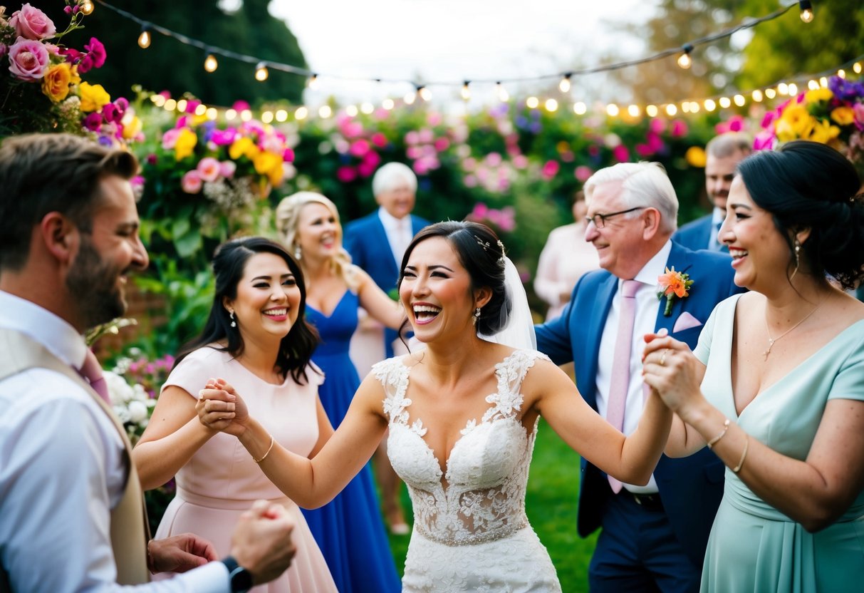 A joyous bride surrounded by loved ones, dancing and laughing in a beautiful garden adorned with colorful flowers and twinkling lights
