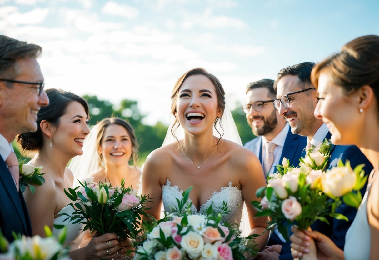 A joyful bride surrounded by blooming flowers and surrounded by loved ones