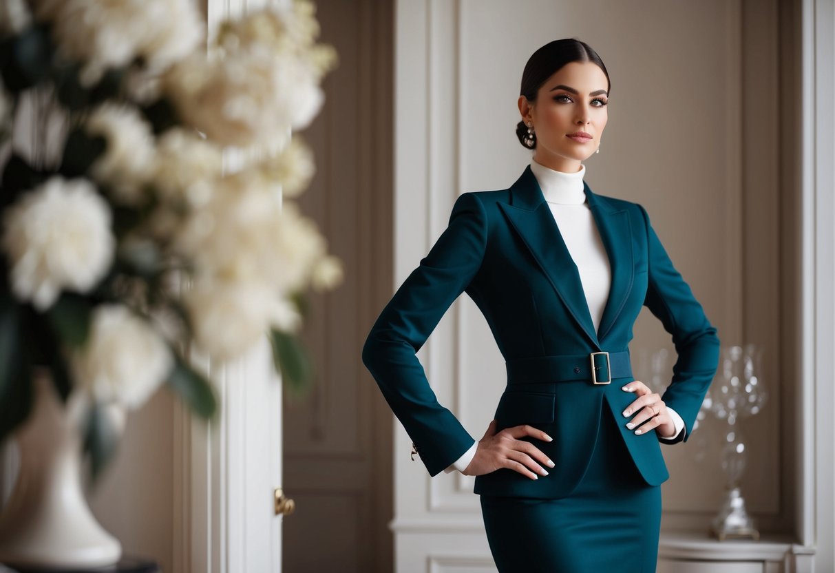A woman in a sleek, tailored outfit, standing confidently with impeccable posture, surrounded by elegant and refined decor