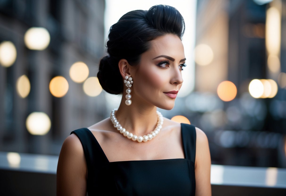 A sleek black dress paired with pearl earrings and a sophisticated updo