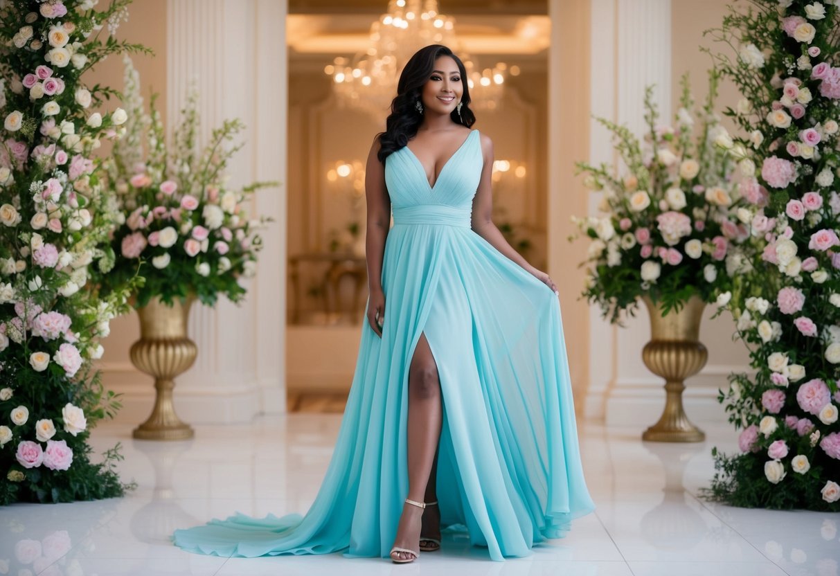 A woman in a flowing dress, standing gracefully with a confident posture, surrounded by blooming flowers and elegant decor