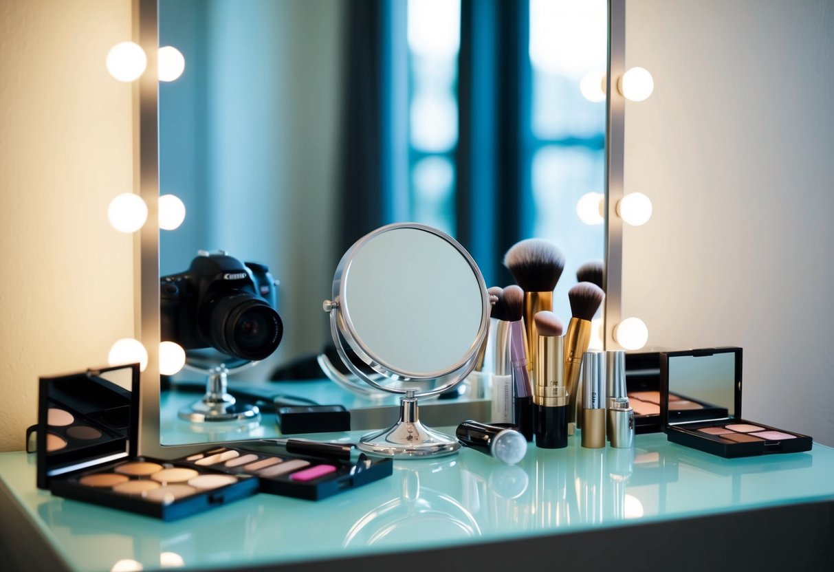 A well-lit vanity table with a variety of makeup products neatly arranged, a mirror reflecting the products, and a camera positioned to capture the scene