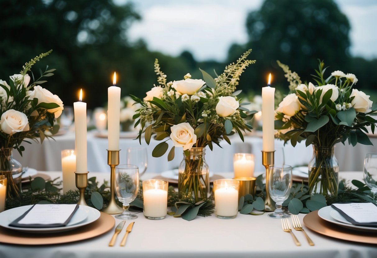 A table adorned with simple, elegant centerpieces made of inexpensive flowers and greenery, complemented by budget-friendly candles and votives