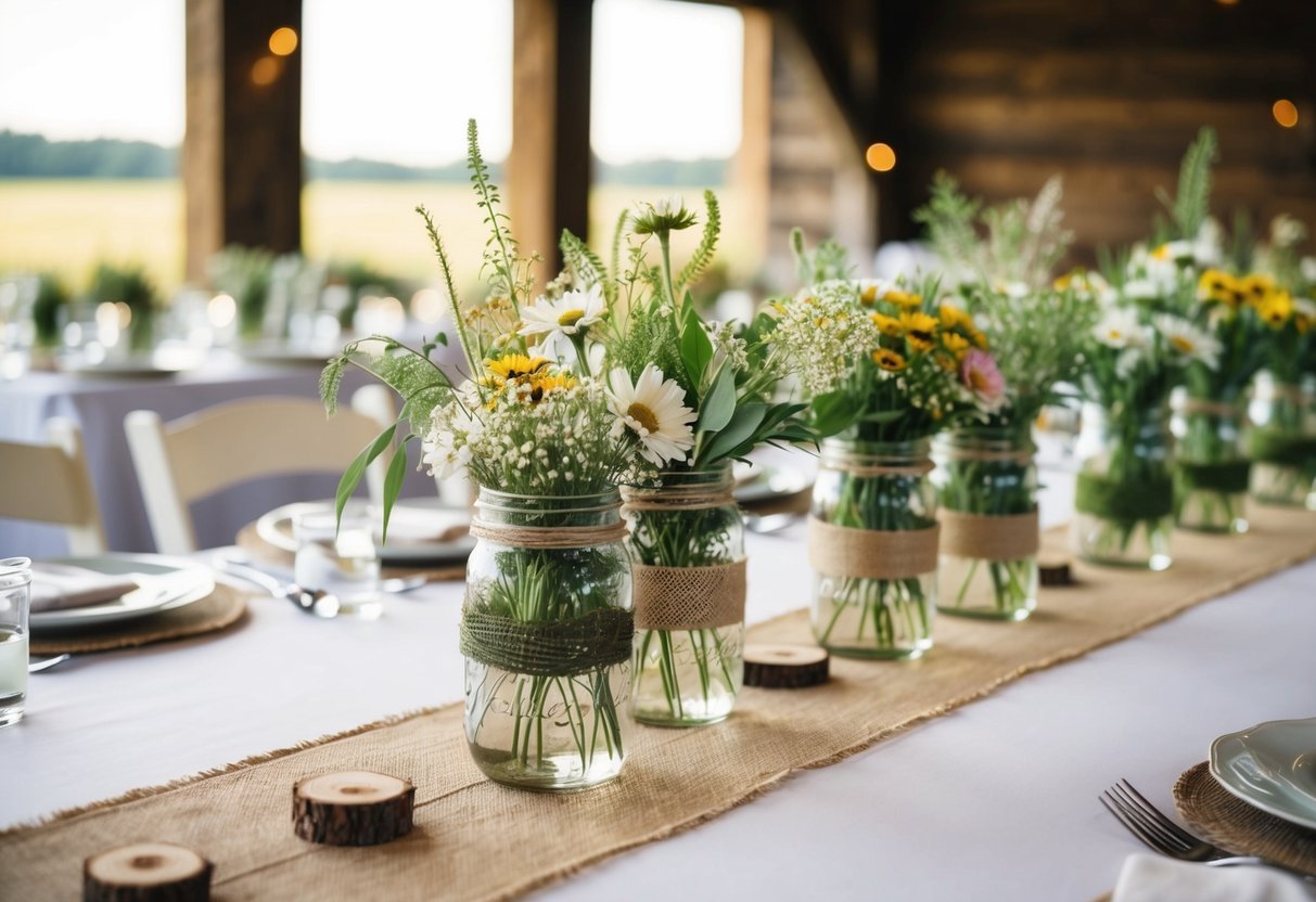 A rustic wedding table adorned with simple, elegant decor. Mason jars filled with wildflowers, burlap runners, and wooden centerpieces