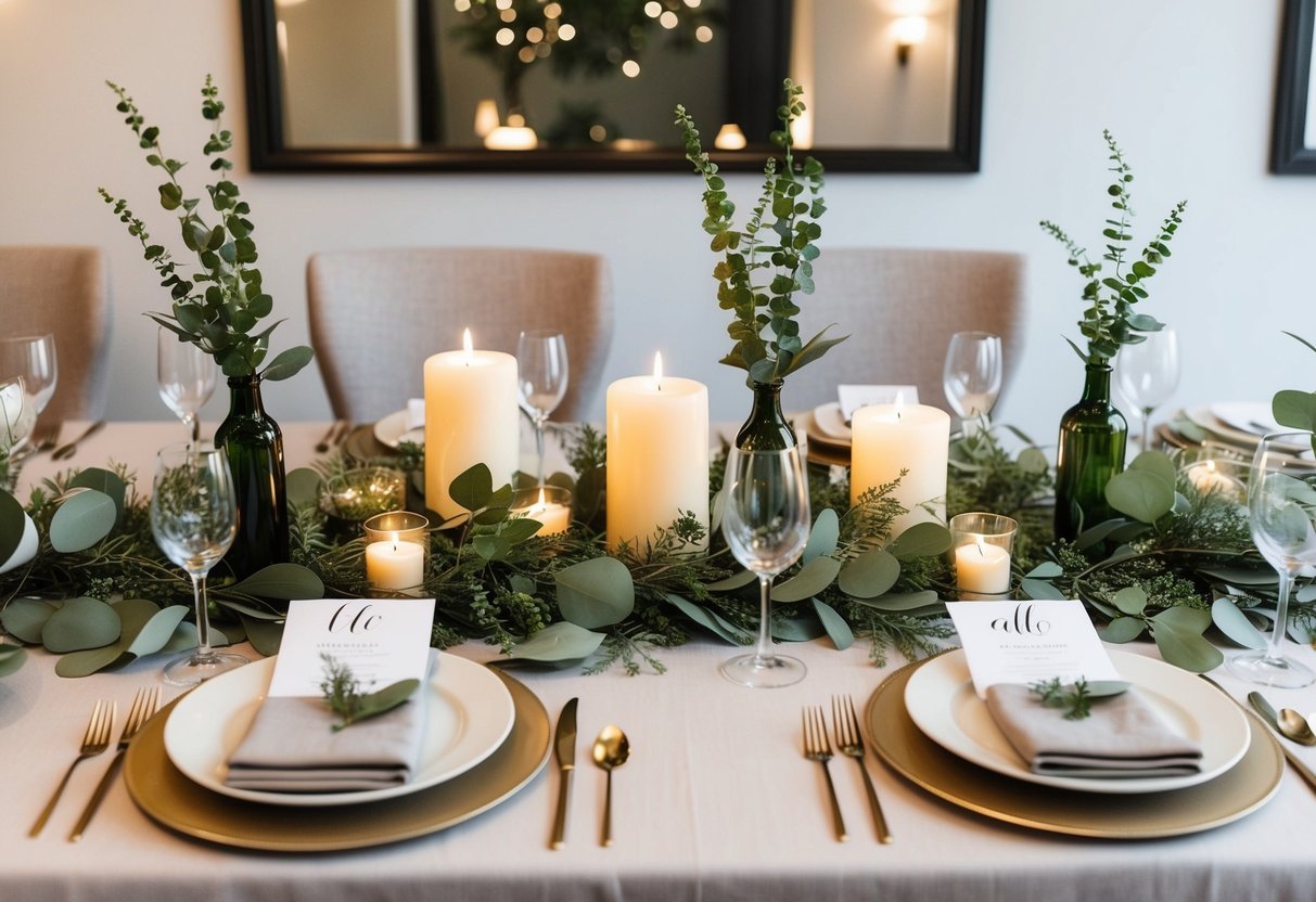 A table adorned with simple, elegant centerpieces made of affordable greenery and candles, surrounded by budget-friendly place settings and neutral-colored linens