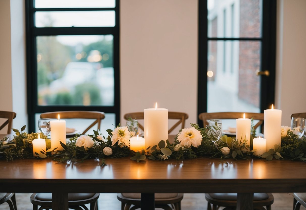 A table with simple, elegant centerpieces made from affordable materials like candles, greenery, and inexpensive flowers