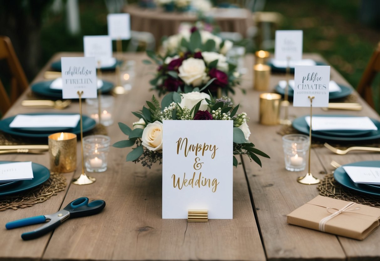A table set with DIY wedding decorations, including handmade centerpieces, place cards, and favors. Craft supplies and tools scattered nearby